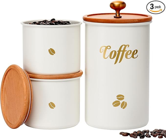 Coffee Canister, 3 pack 2 lb/12 oz/12 oz Large Airtight Coffee Bean Storage Container, Café Grounds Container, Cafe Jar Cafe Holder, Food Storage Container for Flour, Sugar, Tea (White)