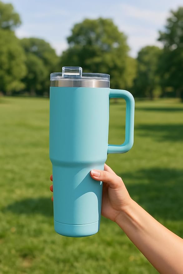 The FaarSky 40 oz Insulated Travel tumbler with lid and straw, 12 Hours Hot & Cold, Vacuum Insulated Stainless Steel, Leak-Proof Lid, (Light Blue)