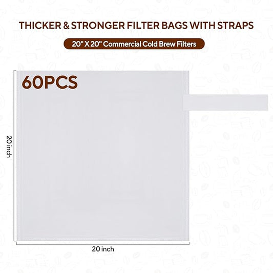 Hogurity 60PCS Commercial Cold Brew Coffee Bags with Drawstring, 20" X 20" Disposable Coffee Filters for 5 Gallon Buckets and Commercial Model Cold Brew Coffee Makers