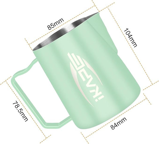 IKAPE Espresso Milk Pitcher, Espresso Steaming Pitcher with Sharp Spout for Espresso Barista Tool, 15.4 oz/450ml Milk Frothing Jug (Light Green)