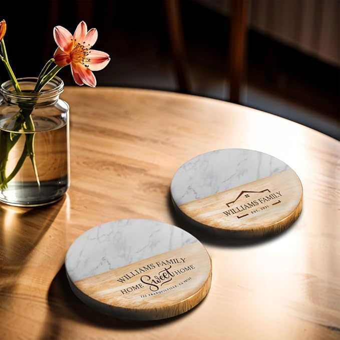 Personalized Coasters House Warming Gifts New Home, Custom Drink Coasters with Holder Set for Home Personalized House Warming Gift,