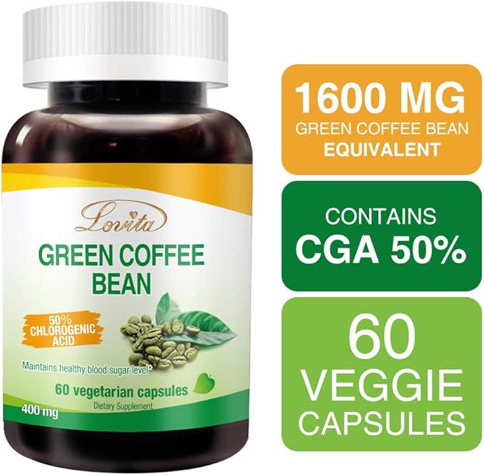 Lovita Green Coffee Bean Extract 1600 mg Equivalent, High Potent Green Coffee Extract with 50% Chlorogenic Acid for Natural Antioxidant & Size Reduction, Vegan Friendly, 60 Veggie Capsules