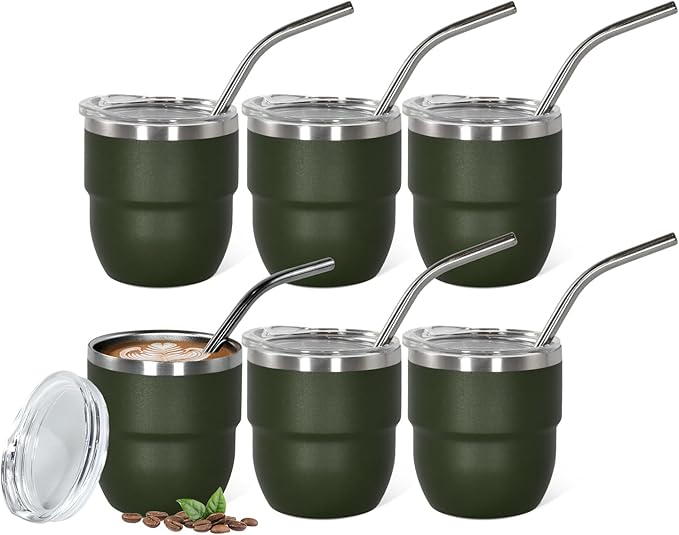 4oz Stackable Cup, Vacuum Insulated Espresso Cup Set of 6, Espresso Shot Glass for Coffee, Double Wall Stainless Steel Mini Tumbler Shot Glasses with Straw and Lid