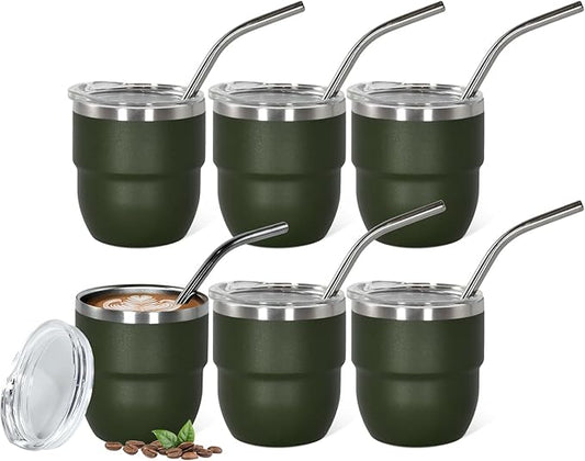 4oz Stackable Cup, Vacuum Insulated Espresso Cup Set of 6, Espresso Shot Glass for Coffee, Double Wall Stainless Steel Mini Tumbler Shot Glasses with Straw and Lid