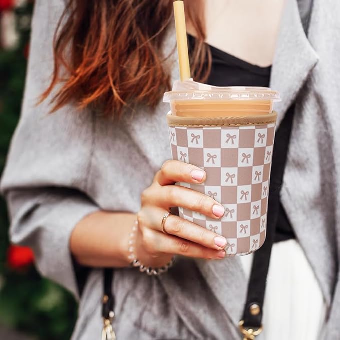 Reusable Insulated Neoprene Iced Coffee Cup Sleeve, Durable Drink Sleeve for Cold Beverages, Beverage Holder for Iced Coffee, Caramel Checkered Bows