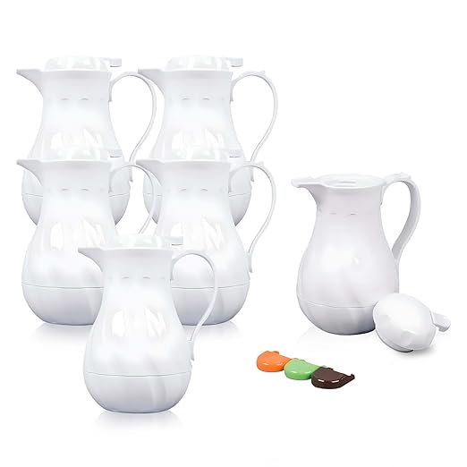 OCS Parts Set of 6 Easy Pour Thermal Coffee Carafes | 8-Inch Insulated Hot and Cold Beverage Pitcher Server for Coffee, Tea, Hot Chocolate and Water with | 20-Ounce | White