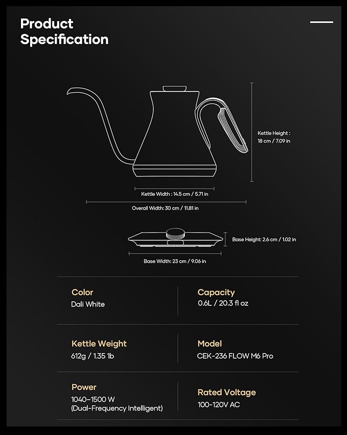 Cocinare Master Collection Dali White Gooseneck Electric Kettle, ±0.5℉ Precise Temperature Control for Pour-Over Coffee & Tea, Quick Heating 1500W, Stainless Steel Interior, 0.9L