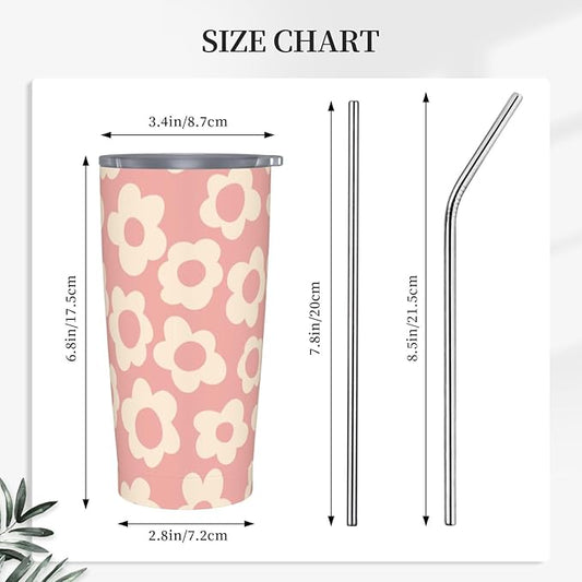 Vintage Groovy Flowers 20oz Stainless Steel Insulated Tumblers Travel Mug Cup Leakproof Gift For Men Women Hot & Cold Drinks Splash-Proof Lid Metal Straw and Brush