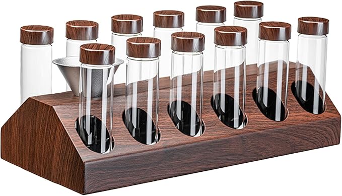 12-Piece Vacuum Coffee Canister Set with Wooden Holder & Funnel – Airtight Glass Jars for Coffee Beans, Tea, Snacks (Walnut Wood Stand)