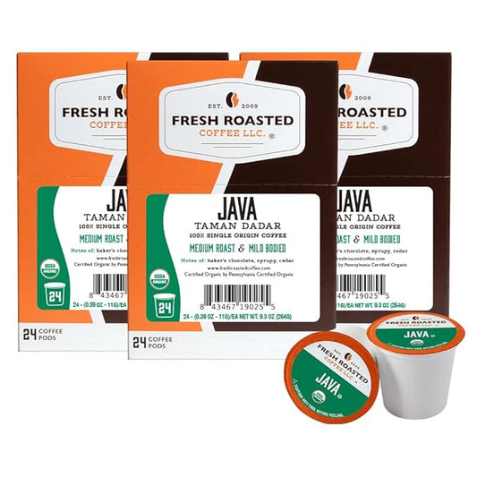 Fresh Roasted Coffee, Organic Java Taman Dadar | USDA Organic, RFA, Kosher | Medium Roast 72 Pods for K Cup Brewers