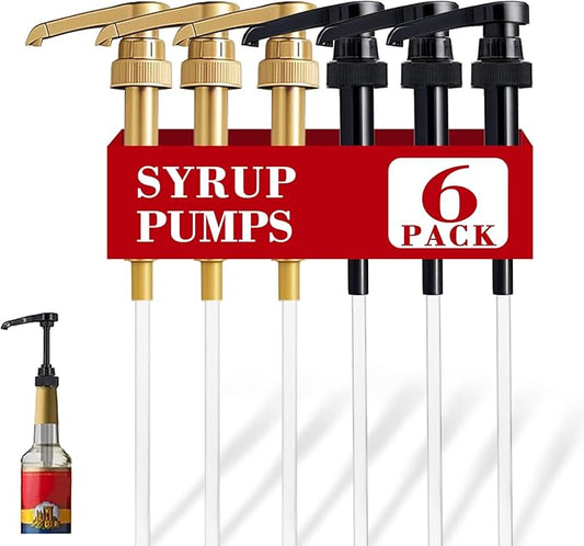 6 Pack Syrup Pumps Leak Proof Coffee Syrup Dispenser, Fits 25.4 Oz Coffee Flavoring Syrup Bottles, Great for Home & Coffee Bar Drinking Mixes, Cocktails, Beverage(Gold & Black)