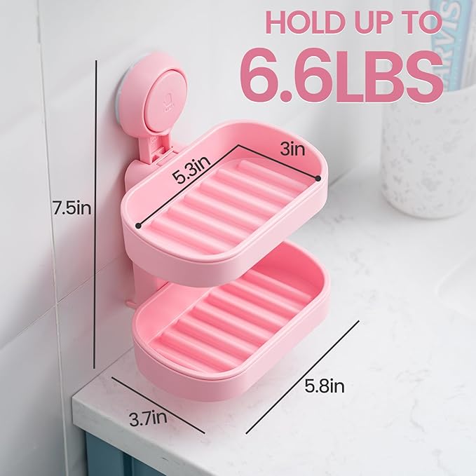 TAILI Double Layer Soap Dish Holder Suction Cup, Strong Sponge Holder for Shower, No Tools Soap Saver for Bathroom, Tub and Kitchen Sink, Shower Accessories, Drill-Free, Removable, Pink