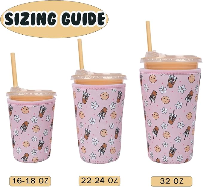 Reusable Insulated Neoprene Iced Coffee Cup Sleeve, Durable Drink Sleeve for Cold Beverages, Beverage Holder for Iced Coffee, Pink Coffee