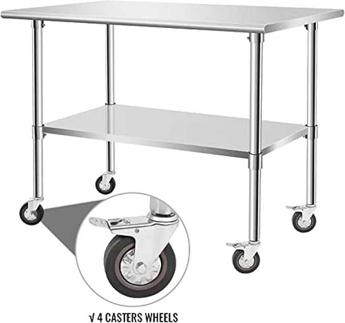 Stainless Steel Table - Metal Table Cart - Commercial Workbench with Caster Wheel - NSF Certified - for Restaurant, Warehouse, Home, Kitchen, Garage,48''x30''