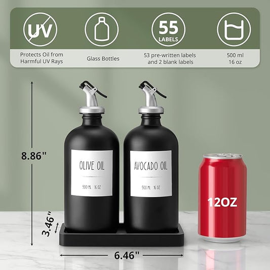 Olive Oil Dispenser Bottle for Kitchen, 16oz Glass Oil and Vinegar Cruet Set with Wood Tray & 54 Labels - Coffee Syrup Dispenser - Black Kitchen Decor and Accessories - Set of 2