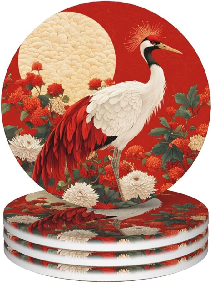 Crane Bird Flower Painting Coasters for Drinks Absorbent Round Ceramic Coasters Set of 4 Non-Slip Cup Coaster with Cork Base for Coffee Table Drink Home Decor Tabletop Protection