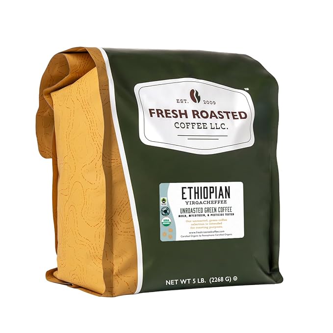 Fresh Roasted Coffee, Unroasted Organic Ethiopian Yirgacheffe | USDA Organic, 100% Single Origin, Kosher | 5 Pound