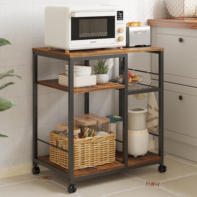 Bakers Rack Kitchen Microwave Cart，Rolling Kitchen Cart with Lockable Wheels, 4-Tier Microwave Stand, Bakers Rack Island, Coffee Cart, Buffet Sideboard Cabinet for Office, Living Room
