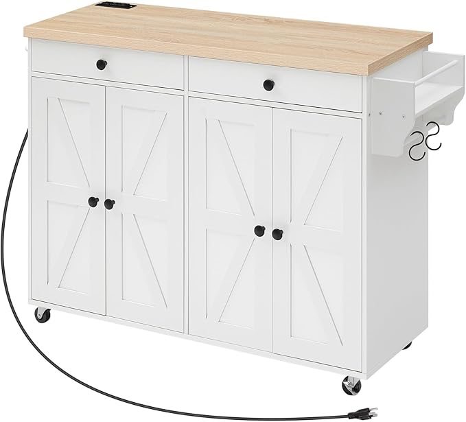 HOOBRO Kitchen Island with Power Outlet,43.3" Rolling Kitchen Island with Storage, Rolling Cart with Spice Rack and Hooks, for Dining, Living Room, White and Natural WN11UZD01
