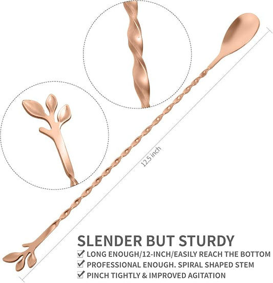 AnSaw Rose Gold 12-Inch Stainless Steel Cocktail Spoon with Leaf Handle - Perfect for Mixing & Layering Drinks in Tall Cups, Bar & Shakers - Durable Long Handle Bar Stirrer,2-Pieces