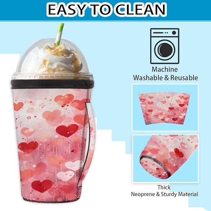 Valentine's Day Hearts Reusable Coffee Sleeves Iced Coffee Cozy Insulator,Love Dream Neoprene Holder with Handle for Cold Coffee or Ice Drink, Medium 24-28oz