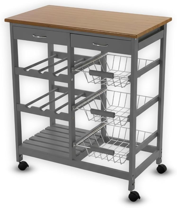 Kitchen Island Cart with Drawers, Lockable Wheels - Rolling Serving Utility Trolley - Mobile Countertop Open Shelf Storage Cabinet Basket for Dining Room, Coffee Bar (Grey)