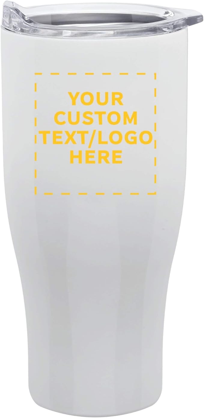 Custom Stainless Steel Grip Travel Mugs 27 oz. Set of 100, Personalized Bulk Pack - Perfect for Coffee, Soda, Other Hot & Cold Beverages - White