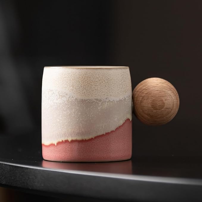 2-Oz Ceramic Espresso Cups with Wood Handle, 2/4-Piece Set for Coffee, Tea, Latte - Dishwasher Safe, Multi-Color & Wood Styles, Gift & Café Use (Kiln turning pink, Round Handle4)