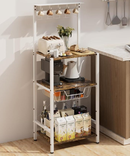 4 Tier Coffee Bar Station, Corner Bakers Rack with 5 Hooks & Wire Basket, Coffee Maker Stand for Small Space, Kitchen Storage Shelf for Entryway, Living Room, Café, White, 16.5"x13"x47.8"