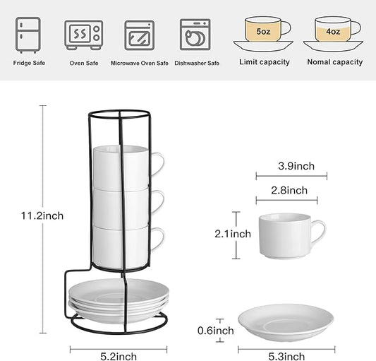 Meichu 4oz Porcelain Stackable Espresso Cups with Saucers and Metal Stand Set of 4, Stackable Espresso Cups Set of 4, White Expresso Shots Cup Set for Coffee Drinks, Cappuccino Latte, Americano, Tea