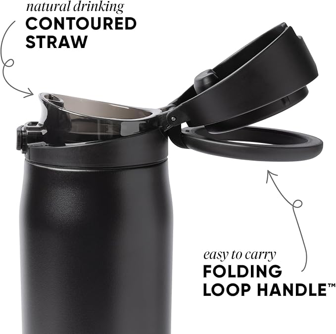 Simple Modern Mesa Loop Water Bottle with Covered Straw and Handle | 24oz Cup Holder Friendly Insulated Stainless Steel Bottles for Travel, Sports and School | Midnight Black