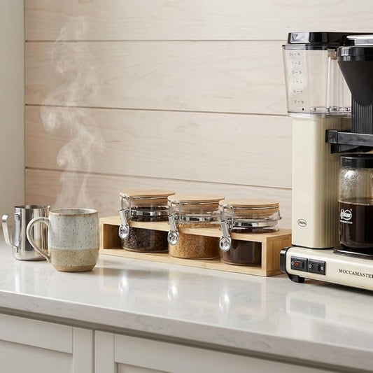 Glass Coffee Canister Set of 3 with Spoons & Airtight Bamboo Lids, 15oz - Modern Coffee Bar Accessories for Ground Coffee & Sugar, Ideal Coffee Station Organizer Jars for Countertop