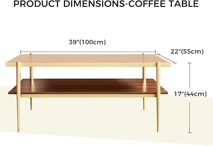 Shrine Rectangle Coffee Table, Mid-Century Modern Design, Two-Tier Walnut MDF Table, 39.4" D x 21.6" W x 17.3" H, Sleek Conical Metal Legs with Gold Finish