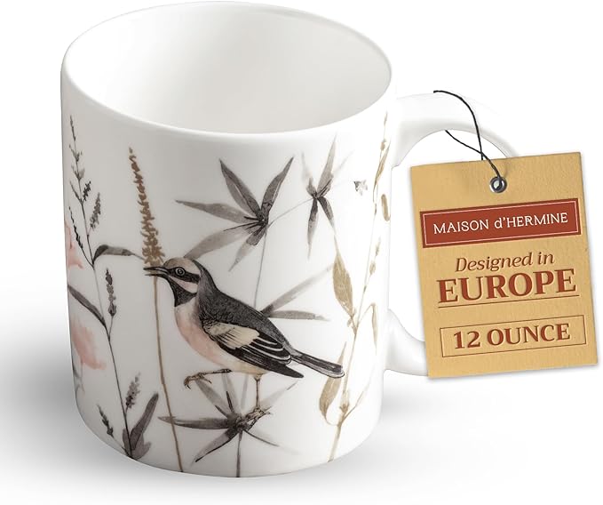 Maison d' Hermine Coffee Mug with Handles Fine Bone China Mugs Pack of One Tea Cups for Hot Beverages Cappuccino Latte Home Office Perfect for Gift (Meadow Florals - Brown Perfect Pasture, 12 Ounce)