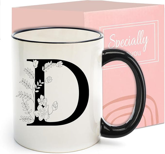 Monogram Ceramic Coffee Mugs, 11 oz Initial Drinking Cup with Gift Box, Unique Birthday Christmas Gifts for Women Wife Mothers Day Grandma Mom Aunt, D