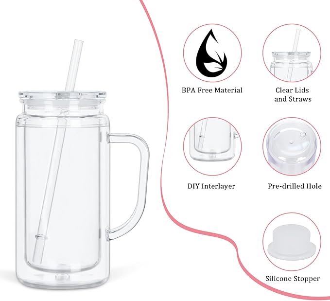8 Pack 16 Oz Snow Globe Tumbler with Handle, Acrylic Snow Globe Cups with Pre-drilled Hole and Plug, Double Wall Reusable Clear Plastic Travel Coffee Mug for Snowglobe Glitter DIY Gift (Clear)