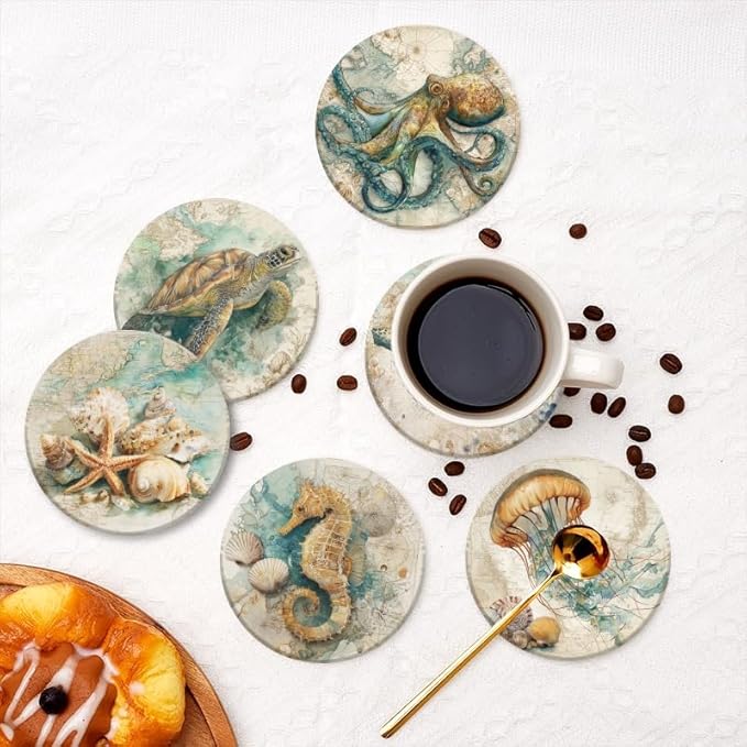 Ocean Coasters Set of 6,Absorbent Drink Coasters Cork Base Non-Slip Coasters,Marine Animal Coastal Beach Decor Coasters,for Apartment Kitchen Bar Decor,for Dining Tables Coffee Table,4in