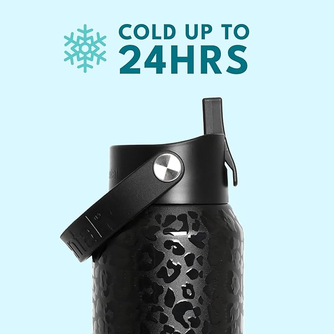 Elemental 40oz Insulated Water Bottle with Straw - 100% Leak-Proof Stainless Steel Core Water Bottles for Travel, Sports and Gym - Double Wall Insulation & BPA Free - Black Leopard