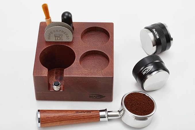 IKAPE Espresso Tamper Holder, Wooden Coffee Tamper Station Base, Natural Walnut Espresso Tamp Mat Stand Fit for 51 to 54mm Espresso Accessories - Can Adjustable Portafilters Stand Height (7 IN One)