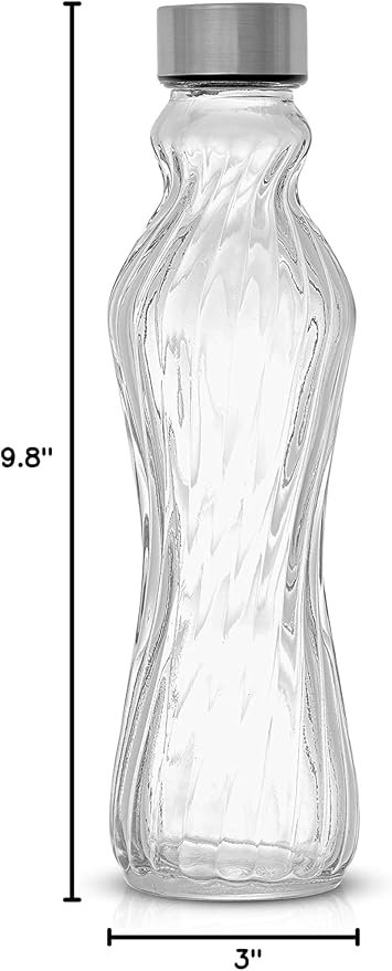 JoyJolt Fluted Glass Water Bottles Set of 6-18 oz Glass Bottles with Stainless Steel Leakproof Lids