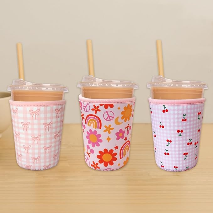 Reusable Insulated Neoprene Iced Coffee Cup Sleeve, Durable Drink Sleeve for Cold Beverages, Beverage Holder for Iced Coffee, Lovely Bows