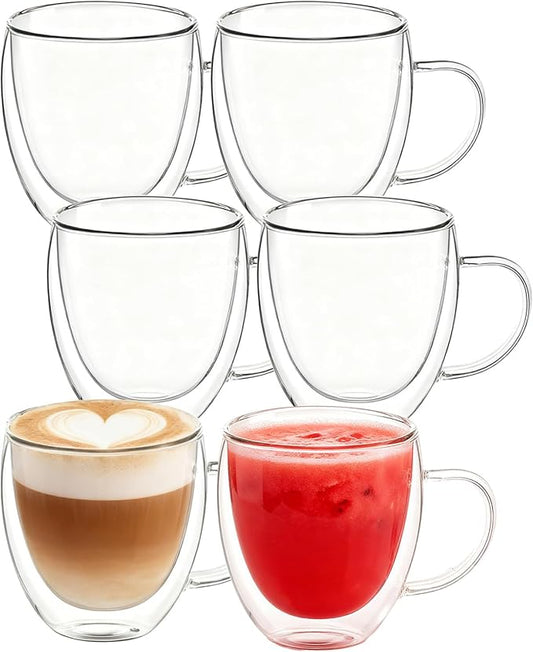 Glass Coffee Cups Set Of 6 - 8.5oz Double Walled Glass Coffee Mugs with Handle,Clear Insulated Borosilicate Glass Mug,Suitable for Cappuccino,Tea,Latte,Hot Beverage and Wine (6 Pack 8.5oz +6 Spoons)