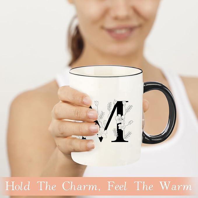 Monogram Ceramic Coffee Mugs, 11 oz Initial Drinking Cup with Gift Box, Unique Birthday Valentines Day Gifts for Women Wife Mothers Day Grandma Mom Aunt, M