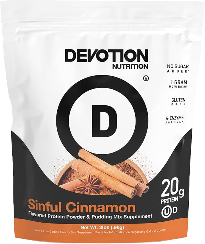 Devotion Nutrition Protein Powder Sinful Cinnamon – 20g Whey Isolate & Casein Protein Blend – No Added Sugar, Low Carb, Gluten-Free, Keto-Friendly, 1g MCT, Kosher – 2lb Pouch