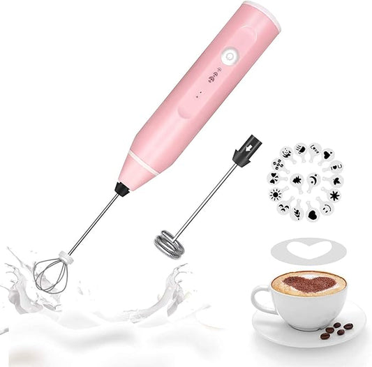 Milk Frother Handheld, Gbivbe Rechargeable Whisk Drink Mixer for Coffee with Art Stencils, Mini Foamer for Cappuccino, Hot Chocolate Match, Frappe, Hot Chocolate, Egg Whisk