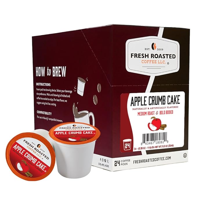 Fresh Roasted Coffee, Apple Crumb Cake, Flavored Coffee Pods, K-Cup Compatible, 24 Count
