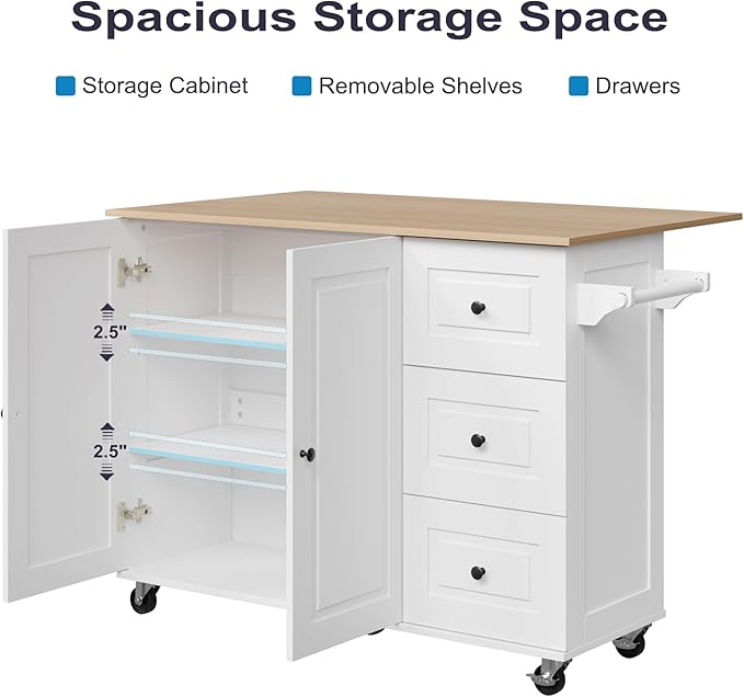 Mobile Kitchen Island with Drop Leaf, Rolling Kitchen Cart with 3 Drawers, Kitchen Storage Cabinet on Wheels, Island Table with Towel and Spice Rack for Dining Room, Living Room, White
