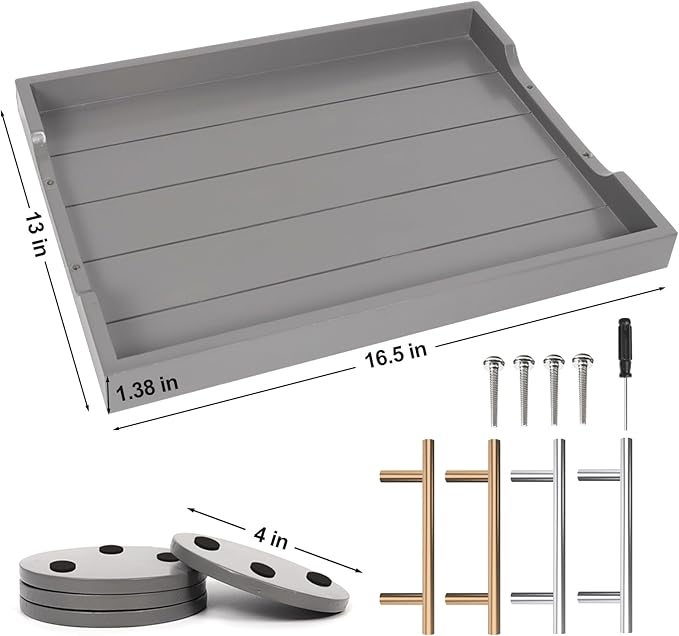 Wooden Serving Tray with 2 Sets of Handles,Large Ottoman Tray for Living Room, Rectangular Wood Tray for Coffee Table, Modern Farmhouse Kitchen Decor, 4 Round Coasters Included,Gray