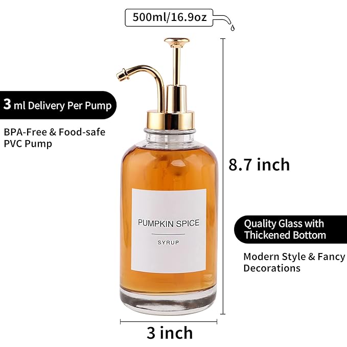 Coffee Bar Accessories - Glass Coffee Syrup Dispenser with 84 Syrup Labels (Set of 2), Fancy Pump Dispenser, 16.9 oz, Gold