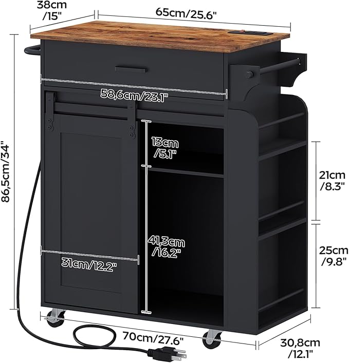 Kitchen Island with Storage, Kitchen Storage Cabinets with Charging Station, Kitchen Island on Wheels, Rolling Island Table with Sliding Cabinet Door, Black and Rustic Brown ZD01UBR